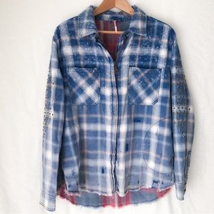 Free People Women’s Deconstructed Flannel Shirt Jacket Zip Studded Frayed Sz XS